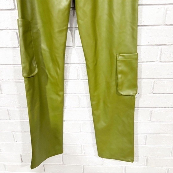 AFRM Moss Green Faux Leather Cargo Pants High Rise Straight Leg Utility | Small - Picture 4 of 6